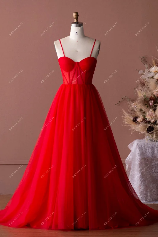 Discount Deals Red Straps Illusion Corset Tulle A-line Formal Dress