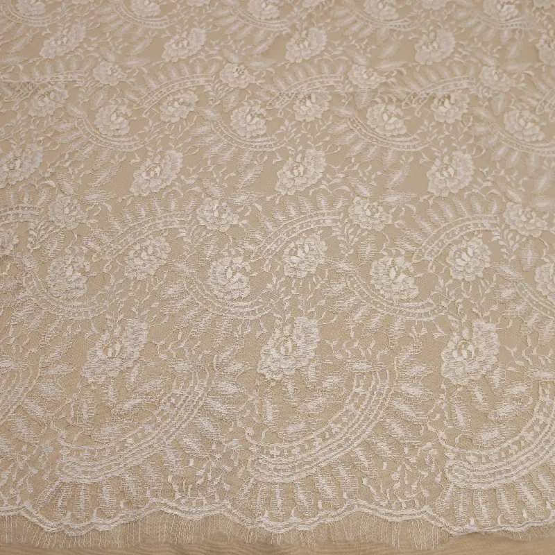Final Sale White and Gold Embroidered Chantilly Floral Double Scalloped Lace
