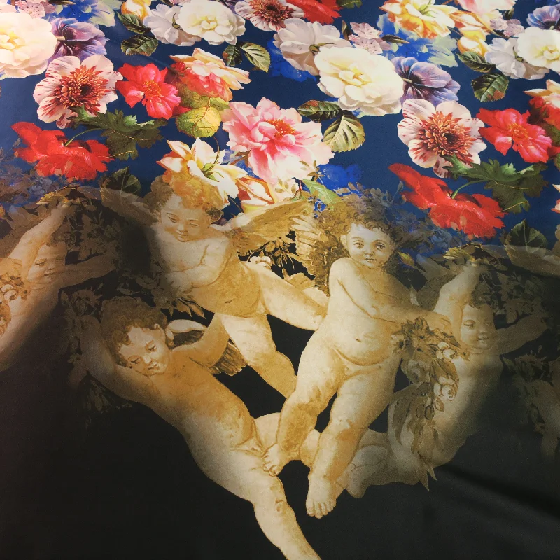 Super Sale Floral and Angel On Navy Ground Printed Silk Charmeuse - Panel Fabric