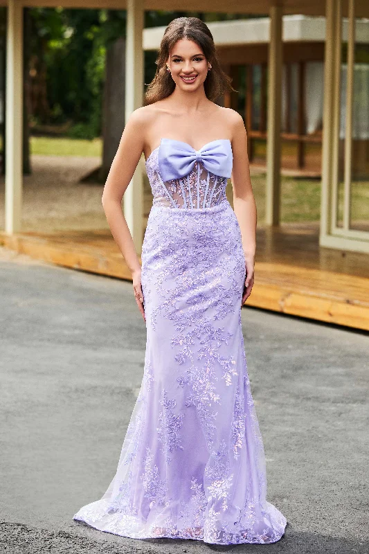 Best Deals Bowknot Strapless Lace Sequins Applique Dress