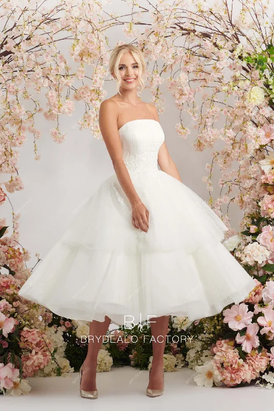 Deep Discounts Strapless Lace Tiered Tulle Tea-Length Vintage Bridal Ballgown