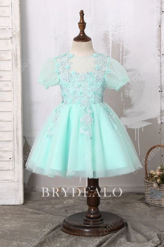 Factory Direct Sale Lovely Lace Mint Bubble Sleeve Flower Girl Dress