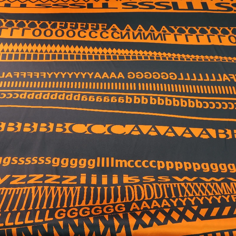 Super Deal Orange Letters on Black Ground Printed Silk Charmeuse