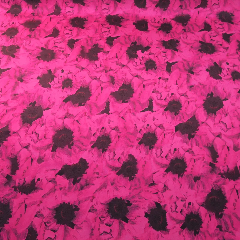 Act Now Fuchsia and Black Floral Printed Silk Charmeuse Fabric
