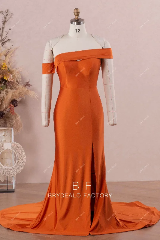 Incredible Offers Rusty Detachable Sleeve Slit Jersey Bridesmaid Dress