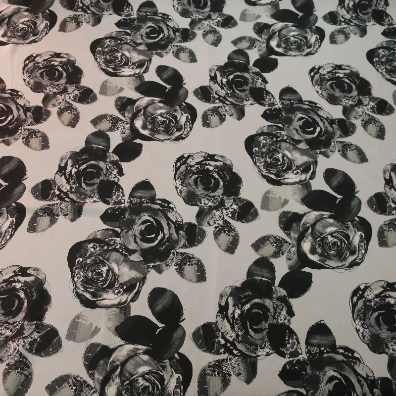 Epic Deals Black Flowers in a Gray Background Printed Silk Charmeuse Fabric