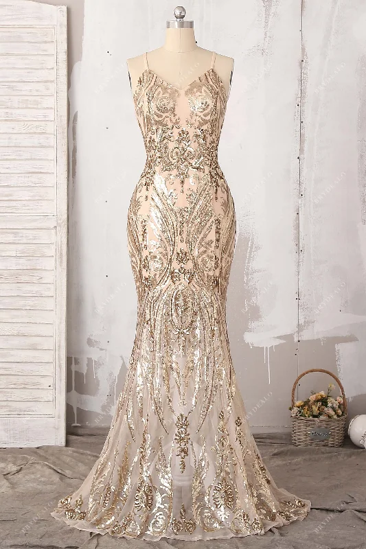 While Supplies Last Sparkly Sheer Gold Sequin Mermaid Trumpet Prom Dress