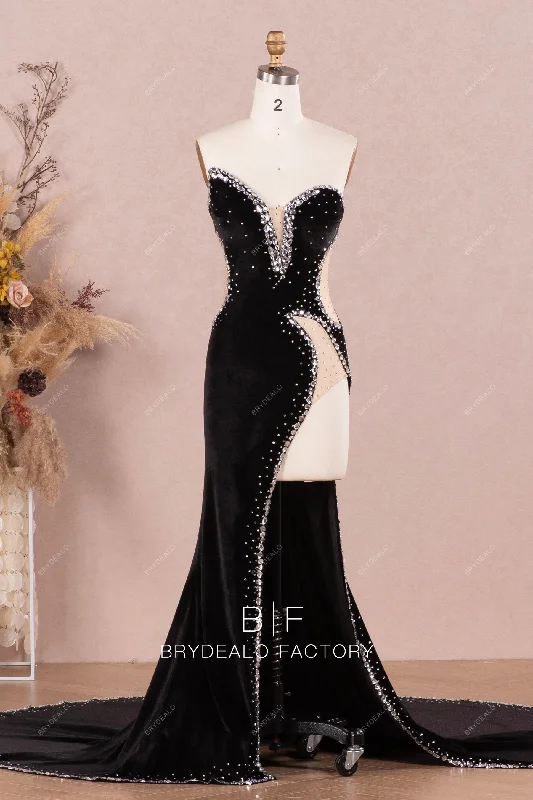 Must-Have Deals Black Sexy Unique Velvet Rhinestone Prom Evening Dress