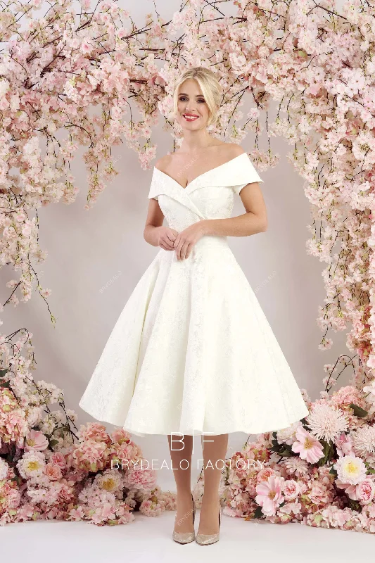 Deal Dash Off-shoulder Designer Jacquard Vintage Tea-Length Pockets Bridal Dress