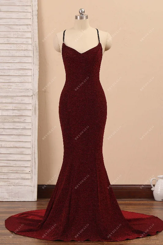 Great Bargains Burgundy Glitter Thin Straps Mermaid Prom Dress
