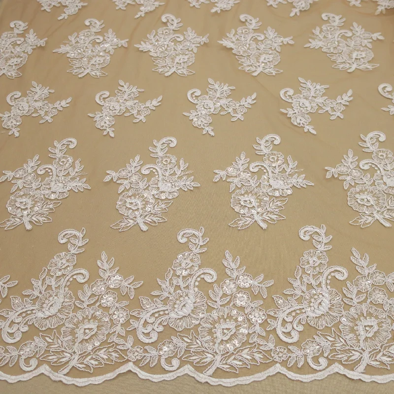 Closeout White and Nude Embroidered Sequins Floral Lace