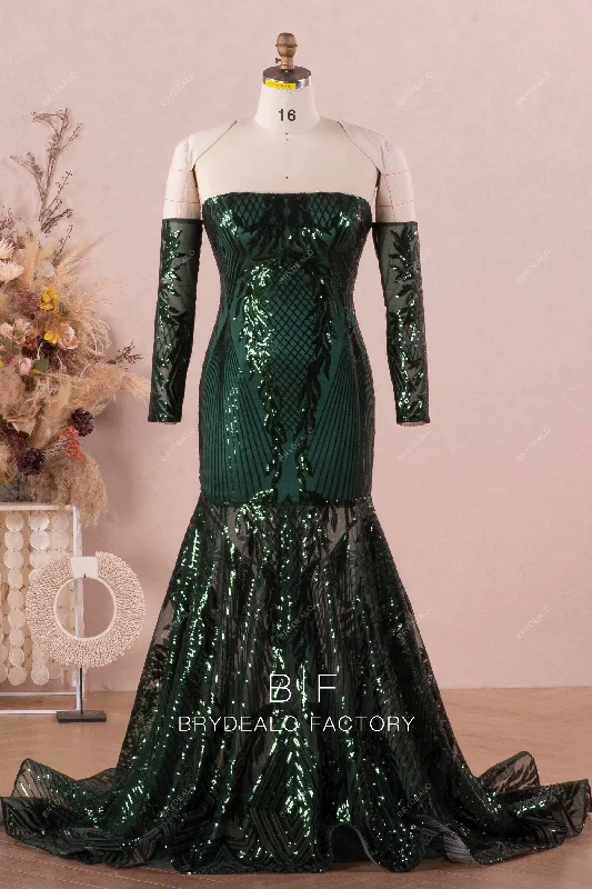 Bonus Savings Sparkly Dark Green Straight Neck Sleeved Prom Dress