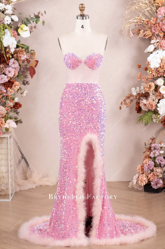 New Markdowns Sparkly Pink Corset High Slit Feather Prom Dress