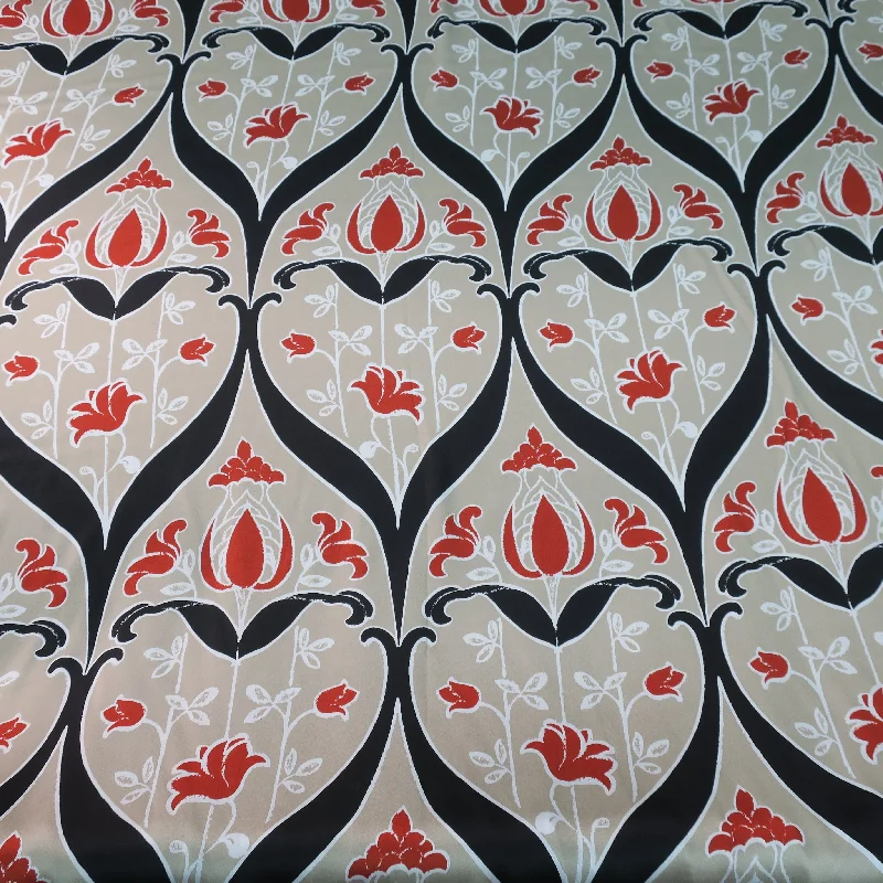 Act Now Red Tulip and Geometric Black Pattern on Beige Ground Silk Charmeuse Fabric