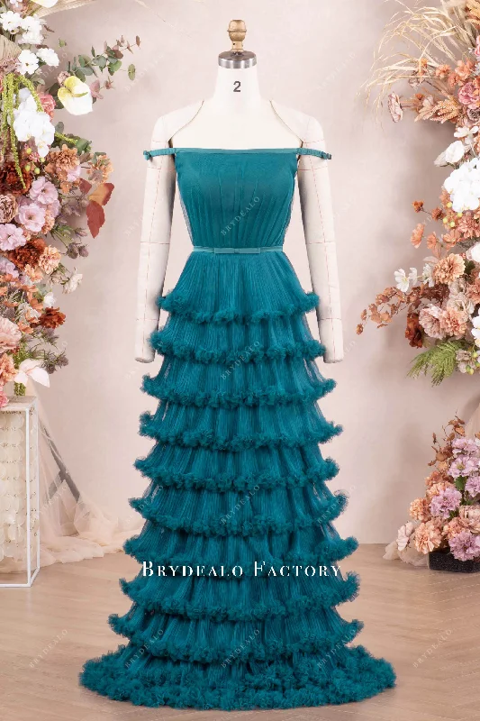 Blowout Sale Peacock Off Shoulder Tiered Ruffle Evening Formal Dress