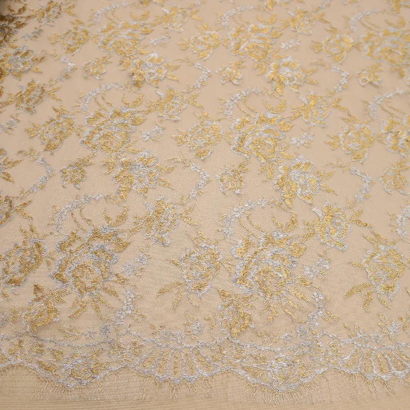Clearance Items Silver and Gold Floral Embroidered Double Scalloped Lace