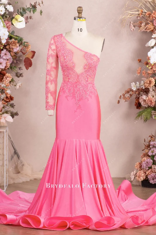 Act Fast Flamingo One Sleeve Lace Jersey Mermaid Prom Dress