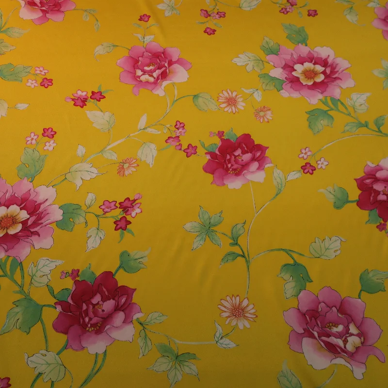 Price Blitz Fuchsia and Red with a Yellow Background Floral Silk Charmeuse Fabric