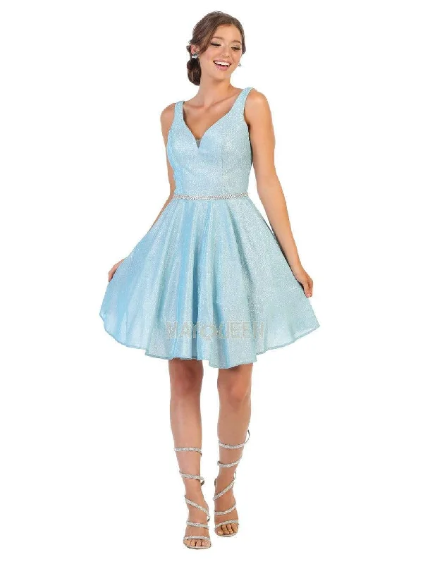 Year-End Clearance May Queen - MQ1777 Sleeveless V-Neck Glitter A-Line Dress