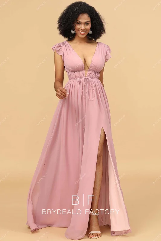 New Deals Pink Plunging Neck Flutter Sleeve Chiffon A-line Slit Bridesmaid Dress