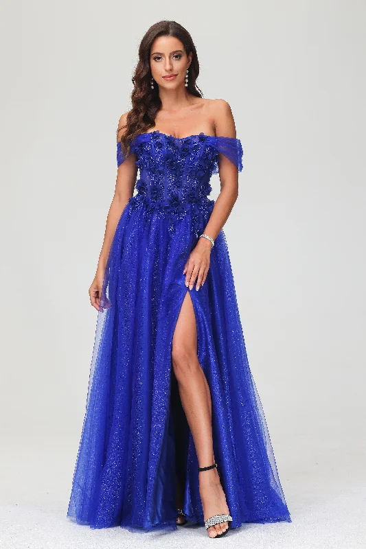Crazy Deals Off Shoulder Floral Applique Tulle Floor Length Dress With Slit