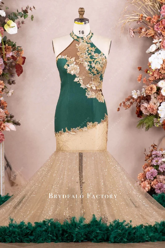 Savings Galore Halter Asymmetrical Two-Tone Sparkly Feather Mermaid Prom Dress