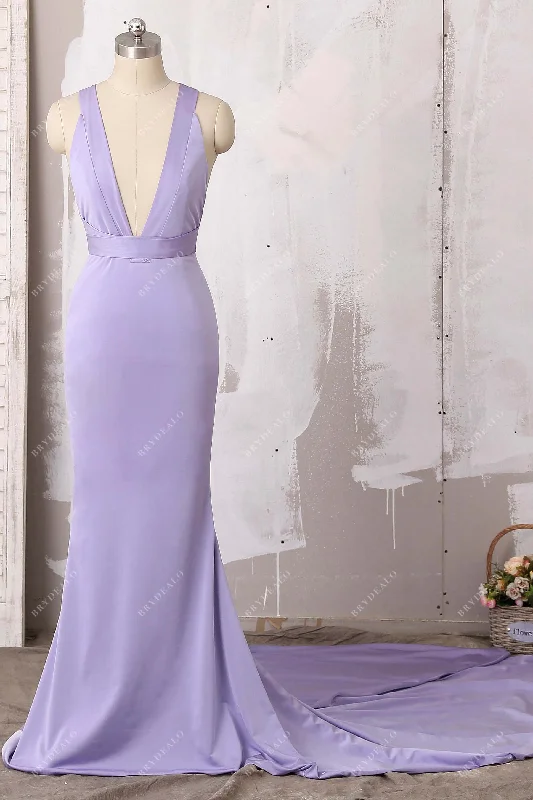 Super Deal Lavender Jersey Plunge Strappy Mermaid Prom Dress