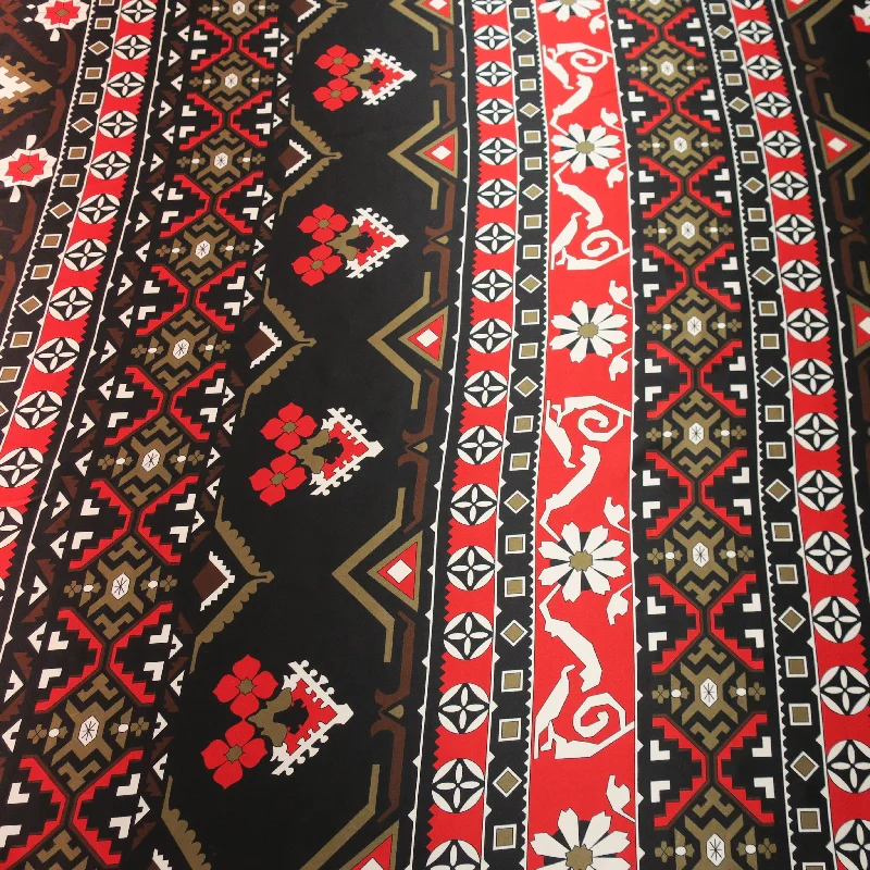 Crazy Deals Red Brown and Gold Geometrical on a Black Background Printed Silk Charmeuse Fabric Crazy Deals Red Brown and Gold Geometrical on a Black Background Printed Silk Charmeuse Fabric
