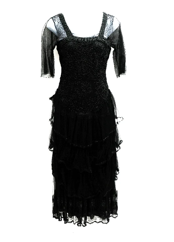 Act Fast Antique Beaded Evening Dress in Black Tulle, XXS