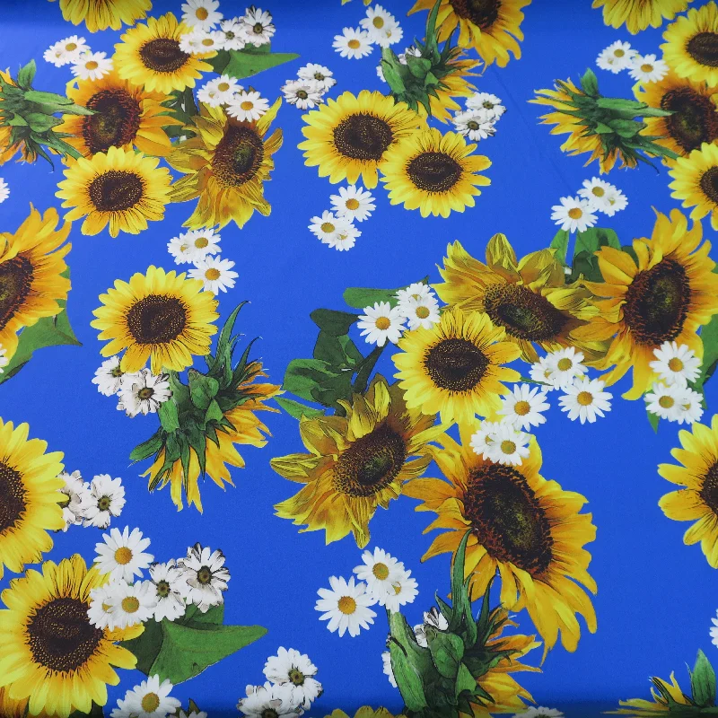 New Markdowns Sunflower and Daisy on Blue Ground Printed Silk Charmeuse