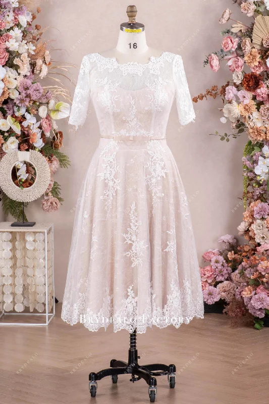Online Exclusive Ready To Ship | Vintage Sleeved Tea Length Lace Wedding Dress