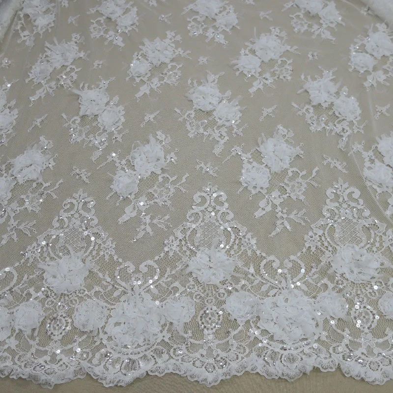 Stock Clearance Off White Floral Embroidered Beaded Double-Scalloped Lace
