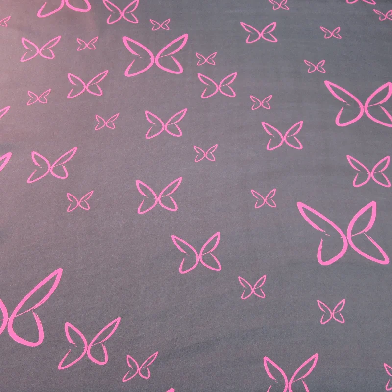 Great Bargains Fuchsia Butterflies on a Black Background Printed Silk Chiffon Fabric Great Bargains Fuchsia Butterflies on a Black Background Printed Silk Chiffon Fabric