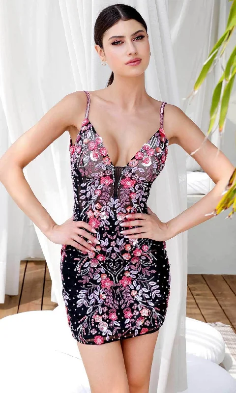 Act Now Primavera Couture 4212 - Floral Sequin Plunging Cocktail Dress