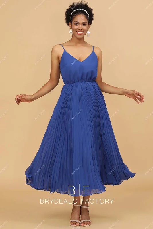 Lowest Price Royal Blue Spaghetti Straps Pleated Tea Length Chiffon Bridesmaid Dress