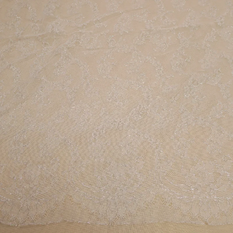 Act Fast White and Silver Embroidered Tulle Floral Single Scalloped Lace