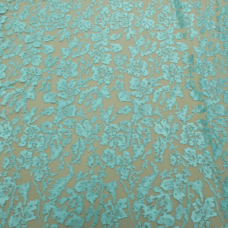 Limited Time AquaTulle with Aqua Pearls Abstract Embroidered Tulle Fabric