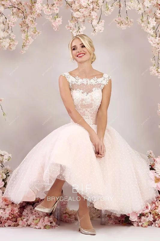 Warehouse Sale Blush Pink Cute Dot Tulle Lace Sleeveless Tea Length Bridal Gown