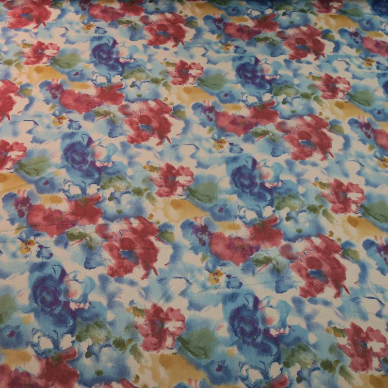 Hurry In Blue Red and Yellow Floral Printed Silk Chiffon Fabric