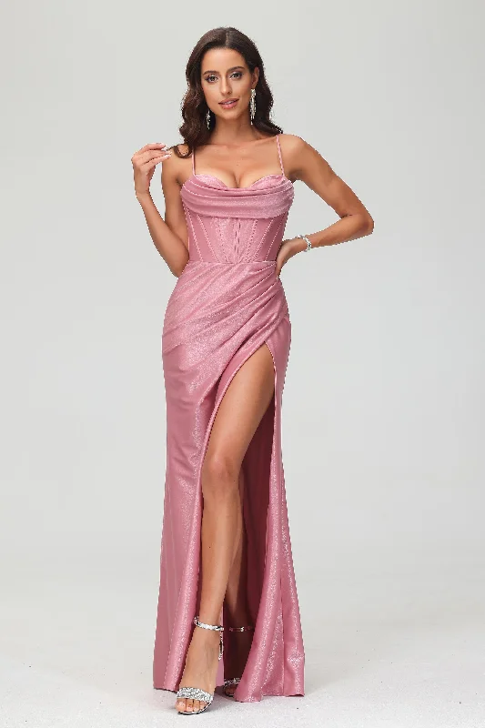Discount Deals Elegant Spaghetti Straps Long Glitter Dress With Slit