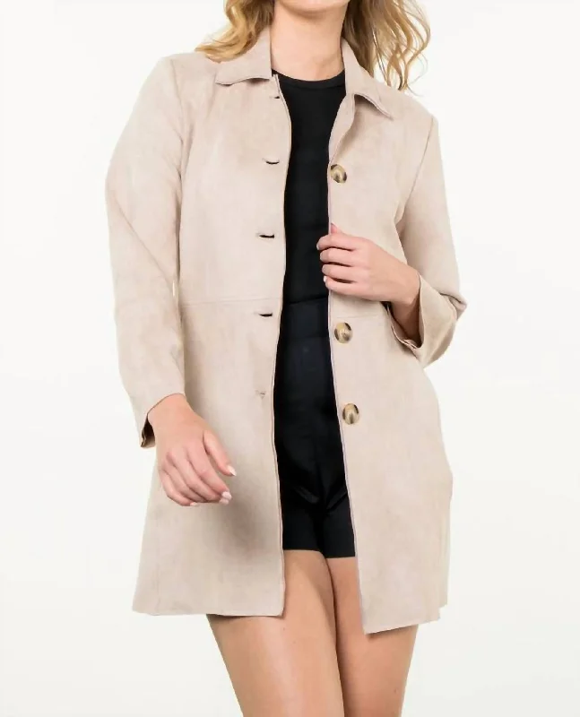 Don't Wait Button Up Suede Coat In Cream