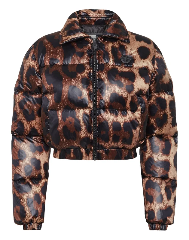 Amazing Deals Cropped Nylon Down Jacket Leopard