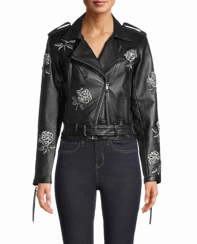 Low Prices Embellished Rose Moto Jacket In Black Embellished Rose