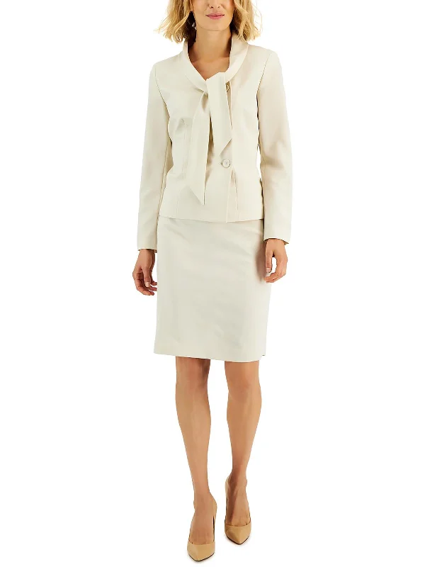 Petites Womens Tie Collar Business Skirt Suit