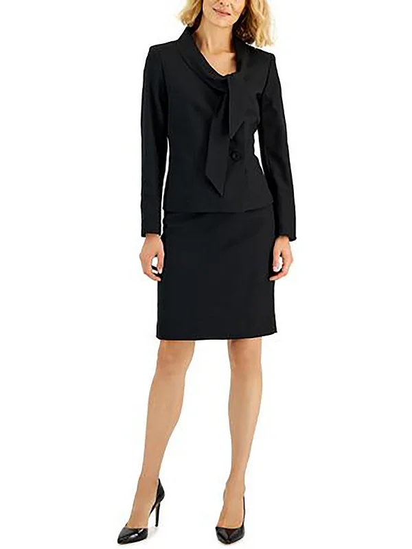 Now or Never Petites Womens Tie Neck Business Two-Button Blazer