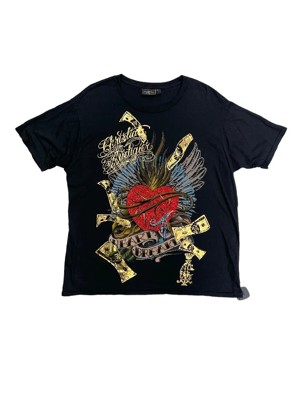 Price Cut Top Short Sleeve Basic By Christian Audigier In Black & Gold, Size: Xxl
