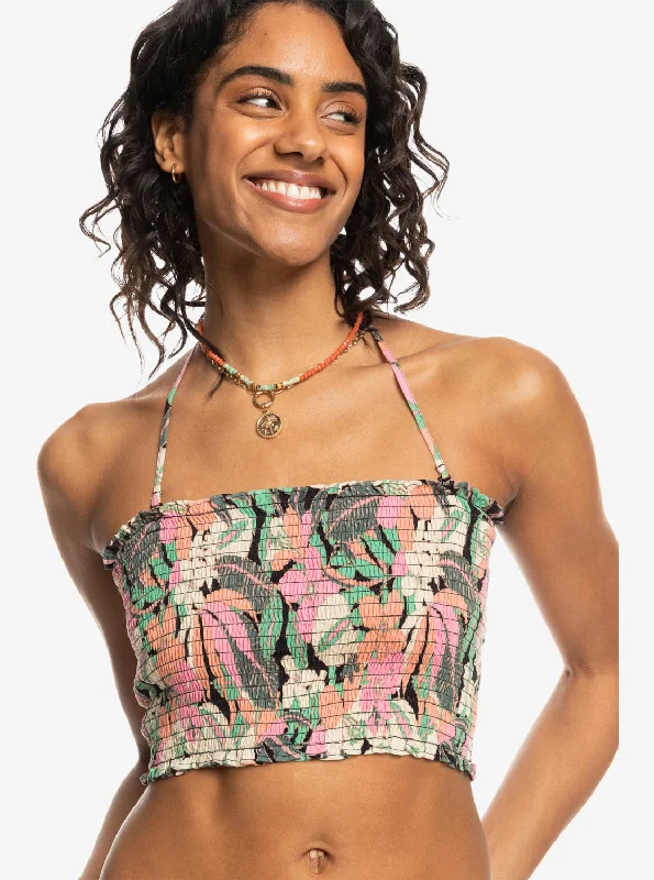 Referral Discount Warm Waters Ruched Bandeau Top - Anthracite Palm Song