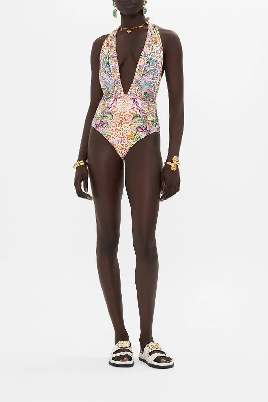 Deal Dash PLUNGE NECK HALTER ONE PIECE FLOWERS OF NEPTUNE