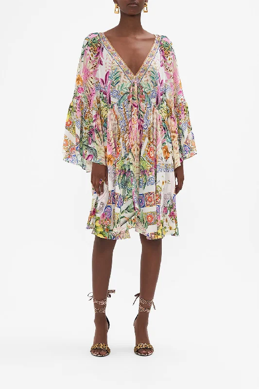 Best Bargains A-LINE RUFFLE SLEEVE DRESS FLOWERS OF NEPTUNE