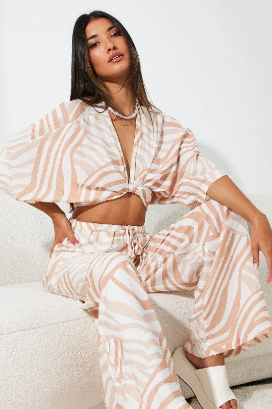 Bargain Blast Beige Abstract Tie Up Bolero Short Sleeve